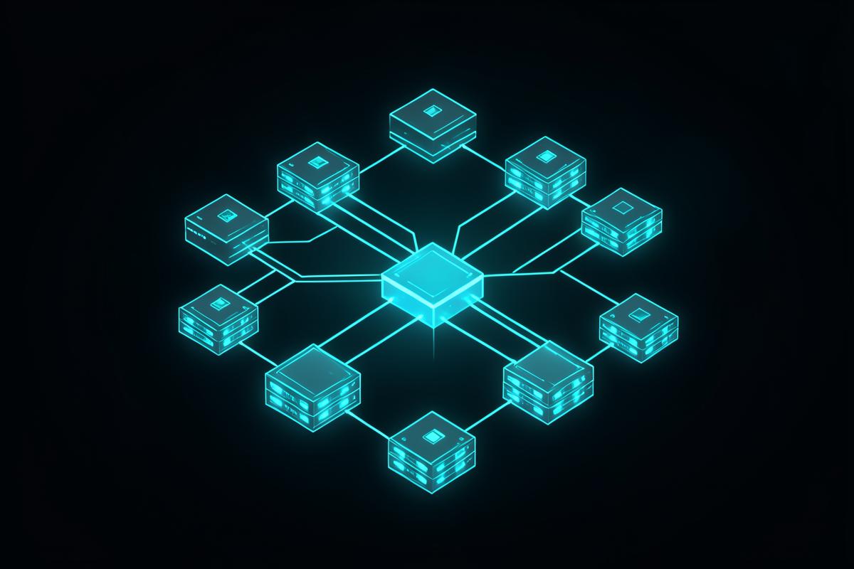 Isometric neon cloud infrastructure diagram