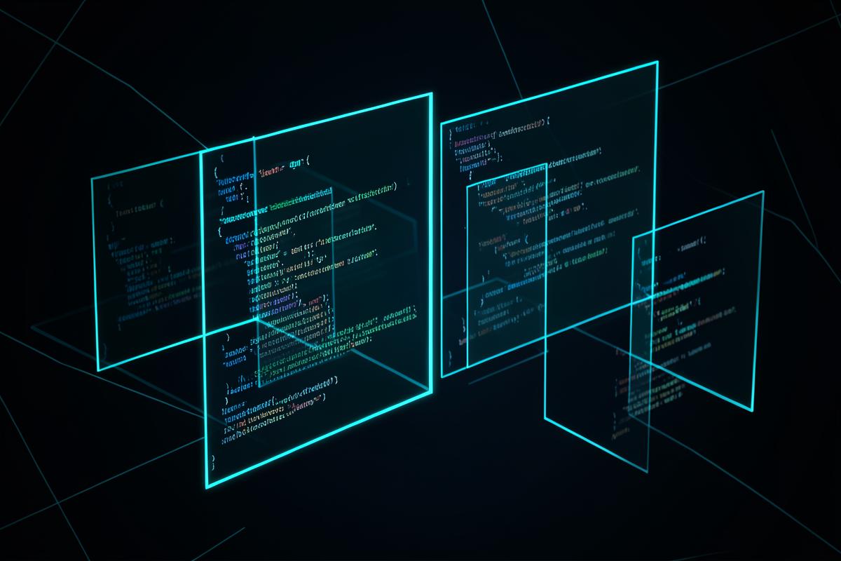 Holographic code panels representing custom software engineering