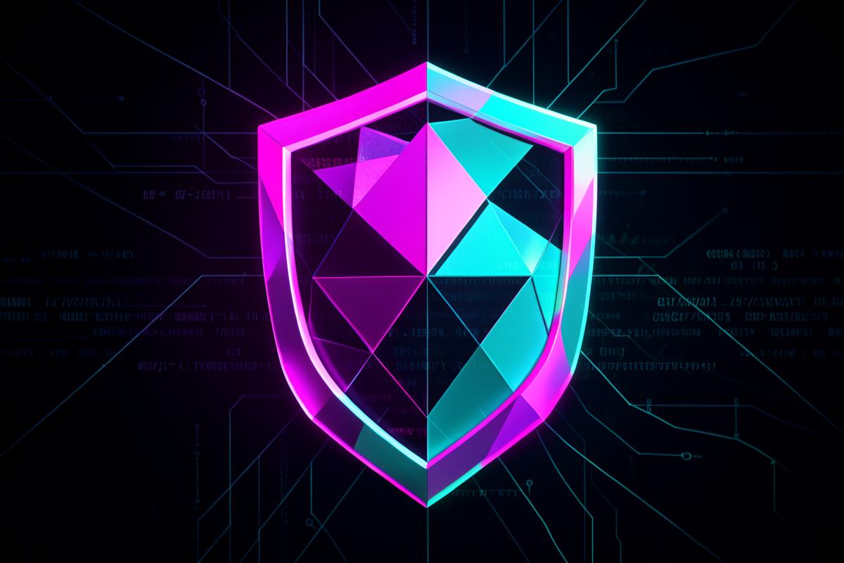 Neon polygonal shield representing cybersecurity